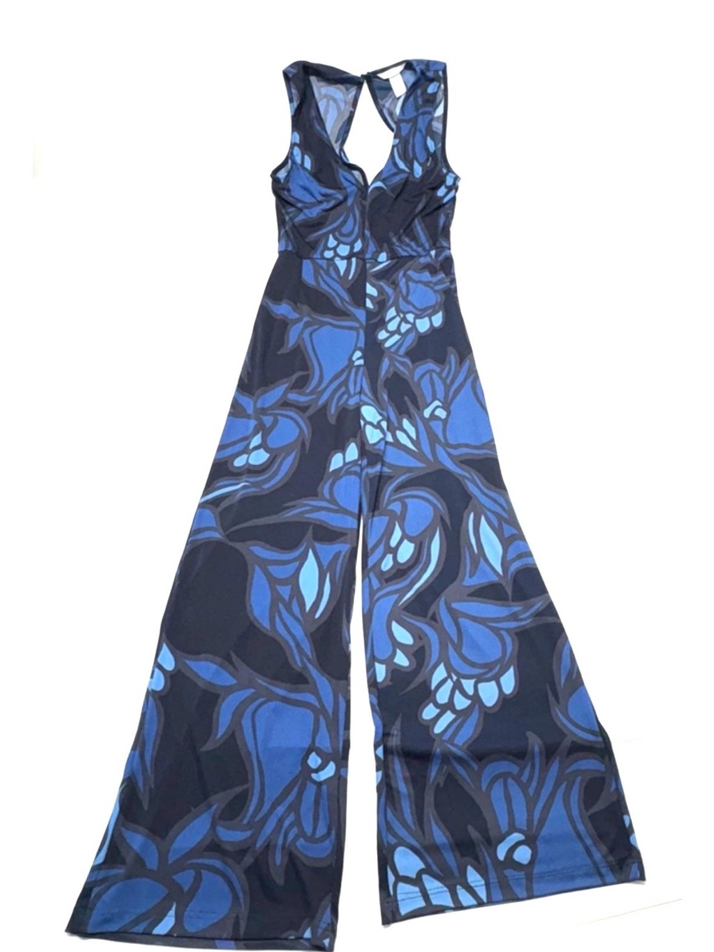 H&M Blue Floral Wide Leg Jumpsuit - Open Back Boho Size Small